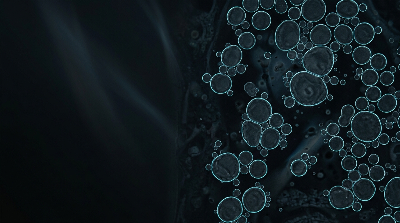 Protein droplets outlined in electric cyan against a dark cellular background