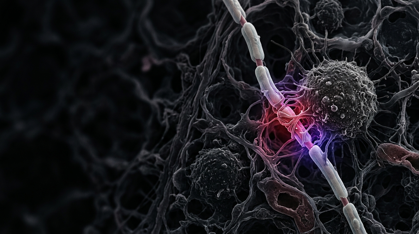 A cancer cell making contact with a nerve fiber inside dark lung tissue