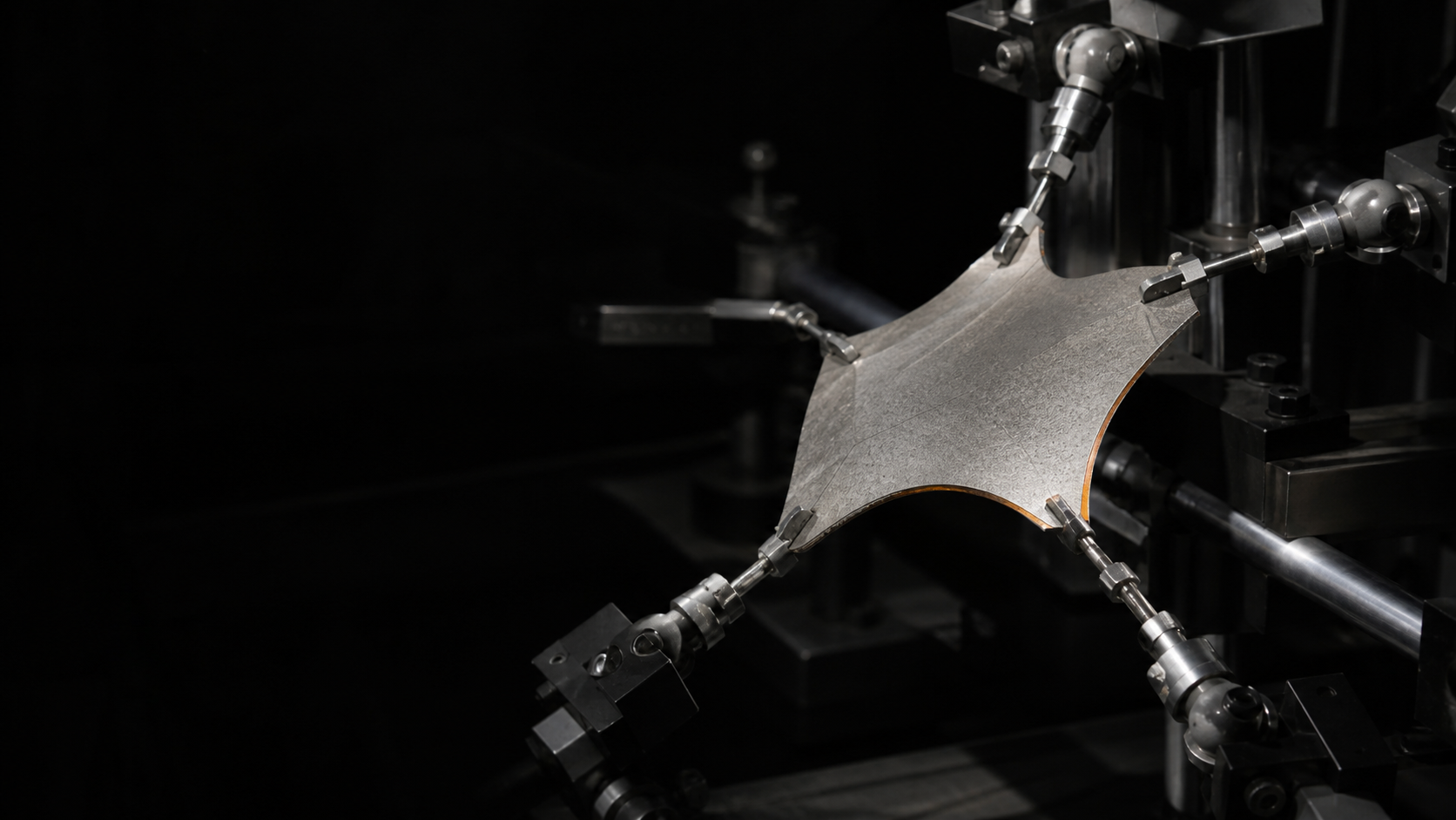 A thin folded surface suspended against a black background