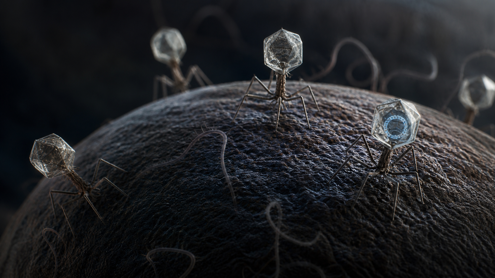 Bacteriophages attaching to a bacterial surface under dark microscopy